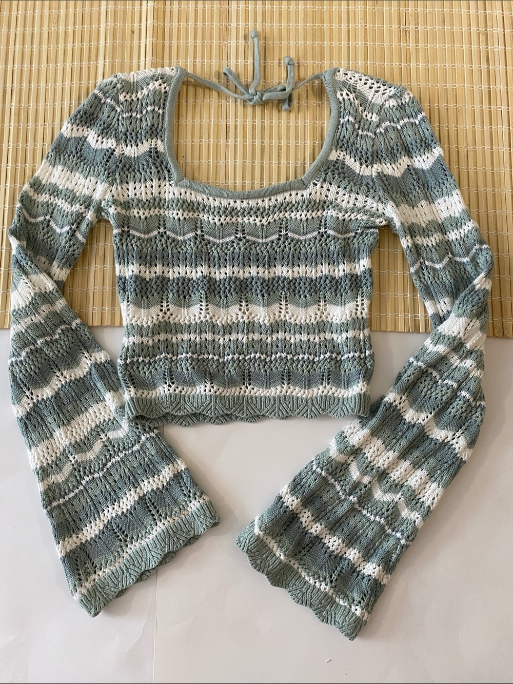 Hollister Striped Scoop-Neck Crochet Crop Top in Sage Green and White